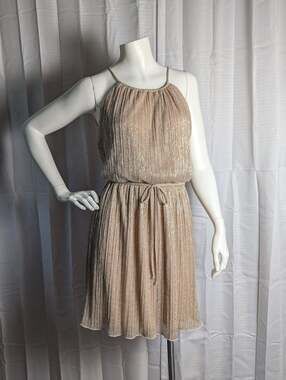 Sweet Storm Gold Shimmer Plisse Halter Mini Dress